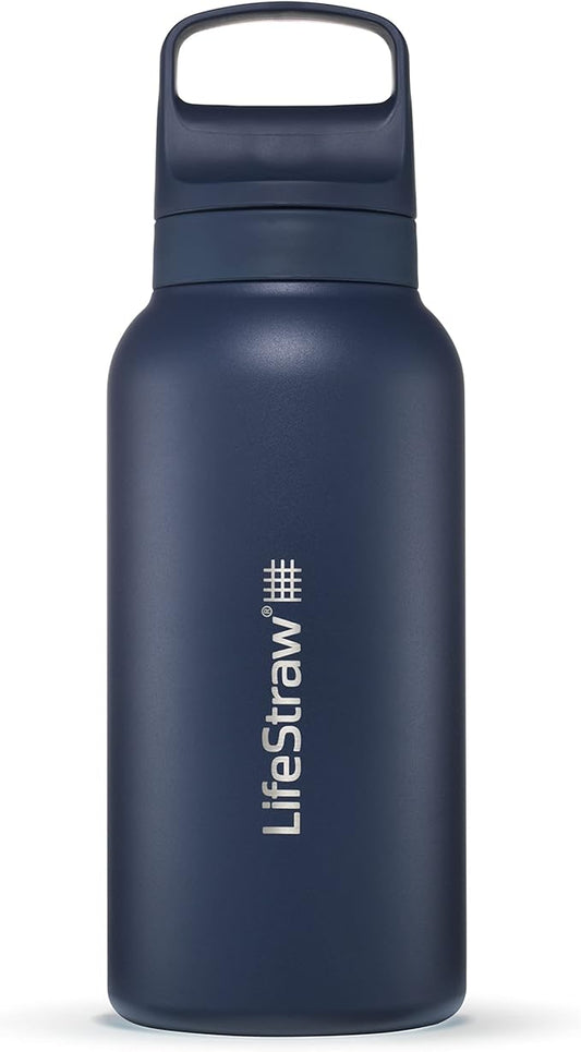 LifeStraw Go Series – Insulated Stainless Steel Water Filter Bottle for Travel and Everyday use removes Bacteria, parasites and microplastics, Improves Taste, 1L Aegan Sea