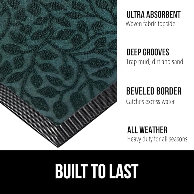 GORILLA GRIP 100% Waterproof All-Season WeatherMax Doormat, 47x35, Durable Natural Rubber, Stain and Fade Resistant, Low Profile, Indoor Outdoor Door Mats, Easy Clean Entry Mat, Moss Vine Leaves