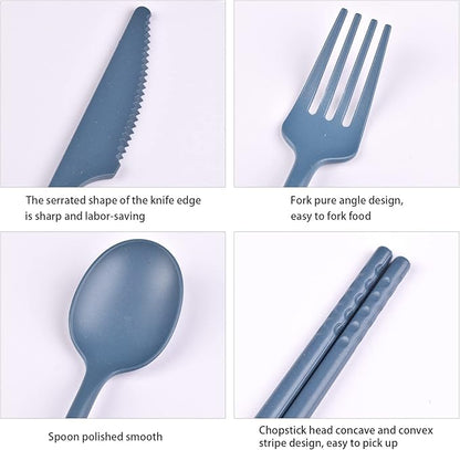 Camping Utensil Set, Reusable Utensils Set with Case, Plastic Cutlery Set Forks Spoon Tableware Chopsticks, Portable Cutlery Set for Travel Picnic Camping or Daily Use (Dark Blue)