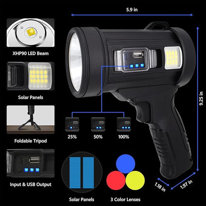 100000 Lumen Spotlight, Led Rechargeable Spotlight Flashlight with Tripod, 6 Modes and 3 Colors Filter, Super Bright Solar Spot Lights Outdoor Handheld for Hunting, Boating, Camping