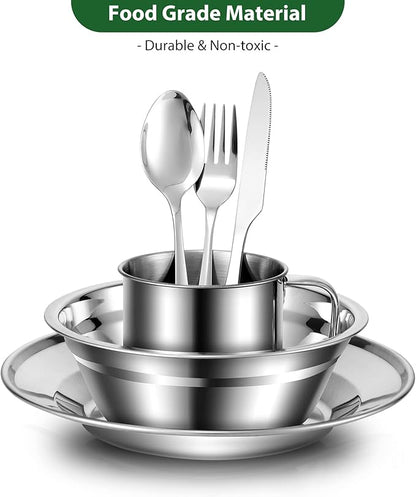 Odoland 29pcs Stainless Steel Utensils Camping Tableware Kit with Bowls Plates Cups Forks Spoons and Knives for 4, Cutlery Flatware Set for Backpacking, Outdoor Camping Hiking and Picnic