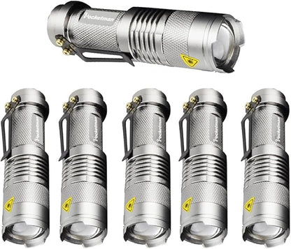 MODOAO 6 Pack,7W 300LM SK-68 3 Modes Mini Light Black Q5 LED Tactical Flashlight, LED Mini Flashlights,Adjustable Focus Zoomable Tactical Flashlight for Camping Hiking(Silver)