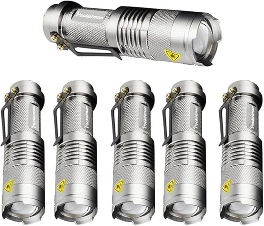 MODOAO 6 Pack,7W 300LM SK-68 3 Modes Mini Light Black Q5 LED Tactical Flashlight, LED Mini Flashlights,Adjustable Focus Zoomable Tactical Flashlight for Camping Hiking(Silver)