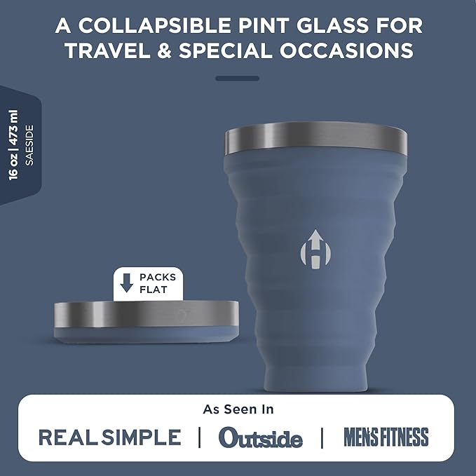 HYDAWAY Collapsible Pint - 16 oz, Silicone & Steel Rim I Collapsible Cup for Beer, Water & Soda, Portable Drinking Cup for Party, Camping, Backpacking & Hiking, Folding Travel Cups Collapse to 1-inch