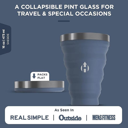 HYDAWAY Collapsible Pint - 16 oz, Silicone & Steel Rim I Collapsible Cup for Beer, Water & Soda, Portable Drinking Cup for Party, Camping, Backpacking & Hiking, Folding Travel Cups Collapse to 1-inch