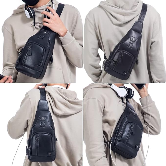 KPYWZER Genuine Leather Sling Backpack with USB Charging Port Chest Bag Outdoor Hiking Travel Daypack Black