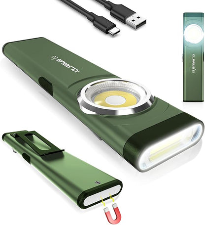klarus E5 Pocket Flashlight, Rechargeable EDC Flashlight, Super Slim Flat 4.2x1x0.3inch, 470 Lumens, USB-C Port, IPX4, Dual Light Source with Magnetic Base, Hat & Clothes Clip - Green
