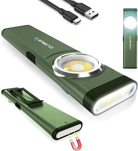 klarus E5 Pocket Flashlight, Rechargeable EDC Flashlight, Super Slim Flat 4.2x1x0.3inch, 470 Lumens, USB-C Port, IPX4, Dual Light Source with Magnetic Base, Hat & Clothes Clip - Green