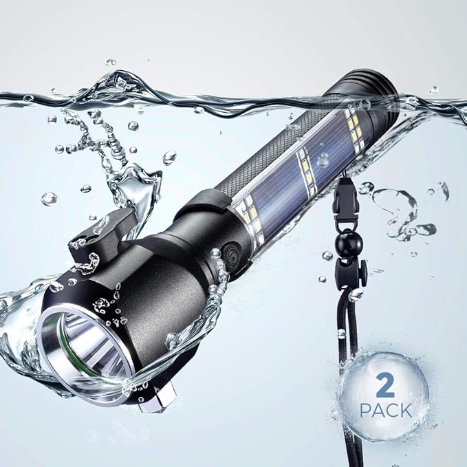 Delxo 2Pack Patriot Flashlight, Handheld Solar Powered Flashlights Cell Phone Charger, Multi Function Outdoor Car LED Flashlight with 2400mAh Battery, USB Charger, Rechargeable Flashlights