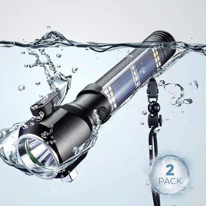 Delxo 2Pack Patriot Flashlight, Handheld Solar Powered Flashlights Cell Phone Charger, Multi Function Outdoor Car LED Flashlight with 2400mAh Battery, USB Charger, Rechargeable Flashlights