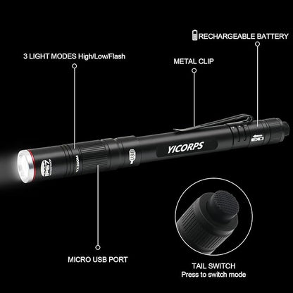 Rechargeable Pen Light Flashlight 300 Lumens 3 Lighting Modes Handheld Pocket Small Flashlights with Clip, Zoomable Waterproof Perfect for Emergency, Inspection, Repair, Camping