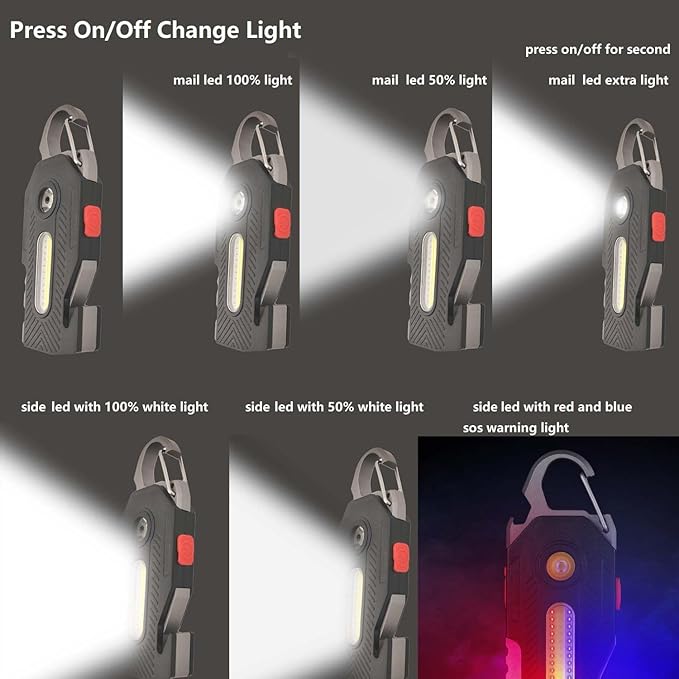 Multifunctional Flashlight 7 In1 Cob Keychain Bright Work Light Rechargeable Portable Led Sos Light With Bottle Opener Seat Belt Cutter Survival Whistle Screwdriver For Camping Walking Hiking