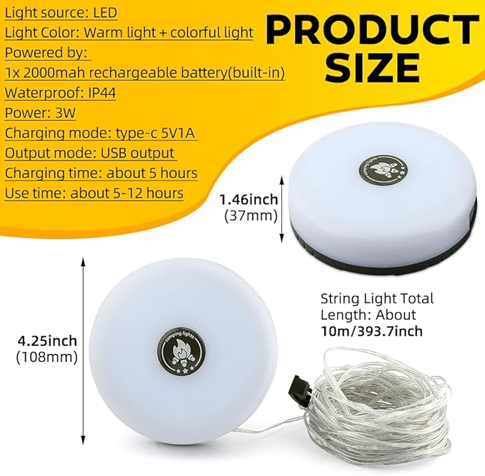 Camping String Lights, 2 in 1 Outdoor Waterproof Camping String Light with 8 Lighting Modes(32.8Ft), Quick 30s Recovery, Type-C Fast Charging Portable LED Tent Light for Camping Yard Hiking