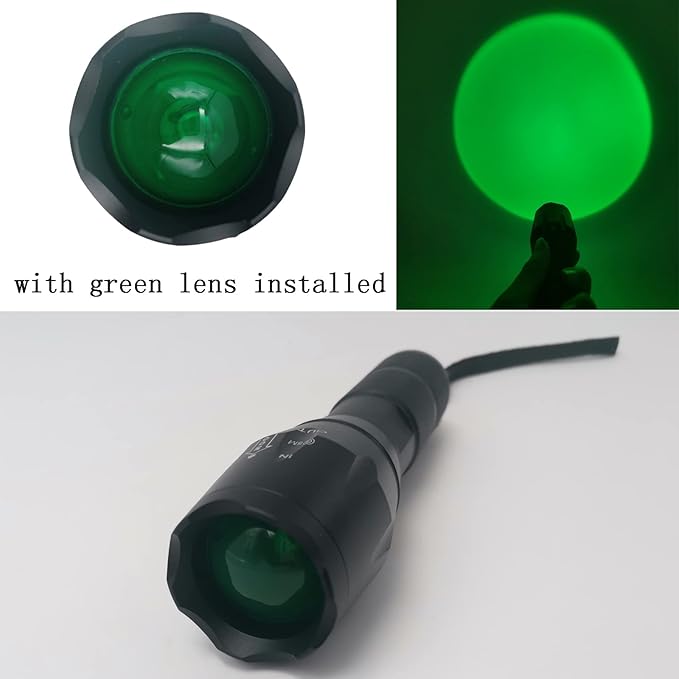3-Color-Light Flashlight Single Mode Flashlight with Red Green Lens Zoomable LED Flashlight for Hunting Astronomy Camping Night Vision
