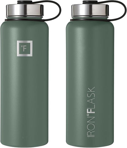 IRON °FLASK Camping & Hiking Hydration Flask, Wide Mouth, 3 Straw Lids, Stainless Steel Outdoor Water Bottle, Double Walled, Insulated Thermos, Metal Canteen - Sage, 40 Oz
