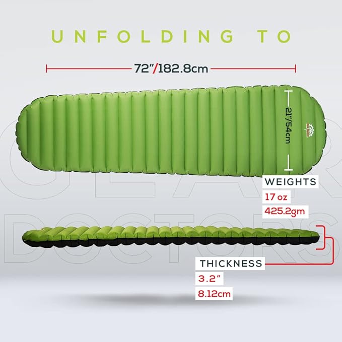 Gear Doctors Ultralight 17oz Camping Sleeping pad ApolloAir - Compact, Warm 5.2 R-Value 4 Season, Camping Air Mattress, Perfect for Backpacking, Hiking - Lightweight Inflatable & Compact Sleep Pad