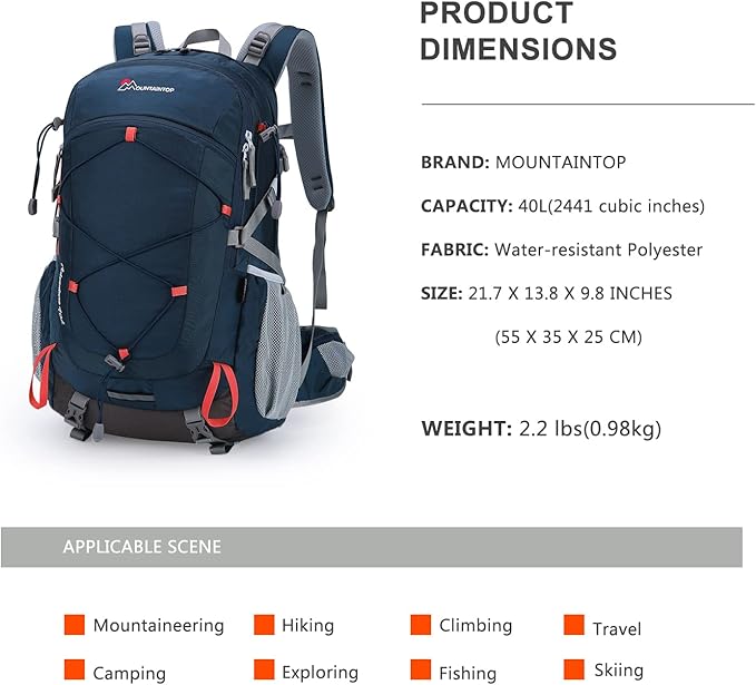 MOUNTAINTOP 40L Hiking Backpack Travel Daypack with Rain Cover for Outdoor Backpacking, Camping