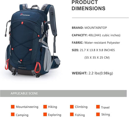 MOUNTAINTOP 40L Hiking Backpack Travel Daypack with Rain Cover for Outdoor Backpacking, Camping
