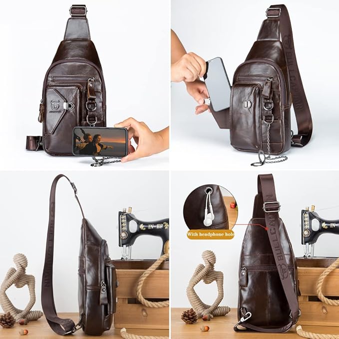 KPYWZER Vintage Genuine Leather Sling Bag Backpack for Men Crossbody with Cellphone Stand Chain Chest Shoulder Crossbody Daypack Coffee