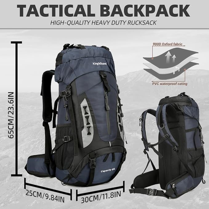60L Hiking Backpack Large Waterproof Camping Backpack for Men and Women Lightweight Frameless Backpacking Backpack with Rain Cover (Navy Blue)