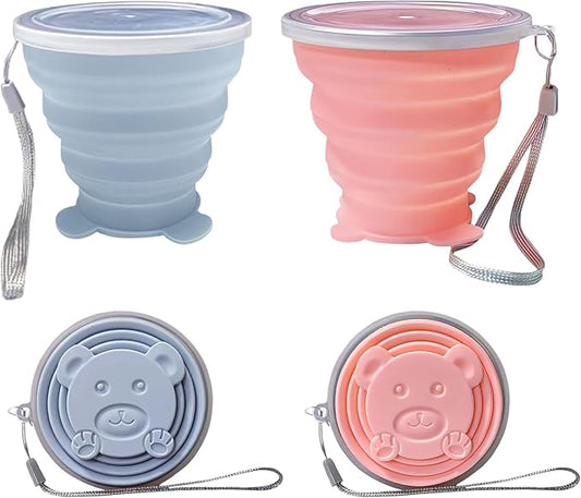 2 pcs Collapsible Cup - Silicone Small Foldable Cup-Expandable Folding Drinking Cup -Reusable Portable Mugs Cup with Lids For Travel, Camping, Hiking, Outdoor Sports Light Blue+Pink