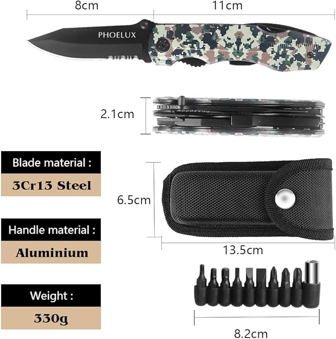 12-IN-1 Pocket Multitool (Camo) with Pocket Knife, Pliers, Can Opener, Bottle Opener, 9-in-1 Screwdriver Bit Set, Safety Locking and Nylon Sheath, Good for Outdoor, Camping and Hiking