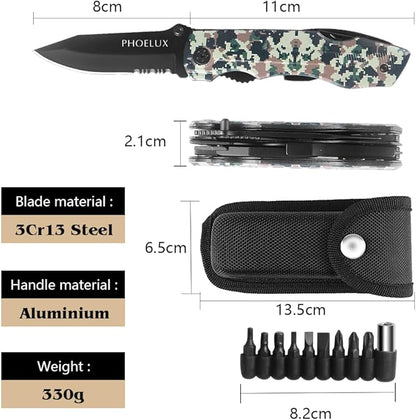 12-IN-1 Pocket Multitool (Camo) with Pocket Knife, Pliers, Can Opener, Bottle Opener, 9-in-1 Screwdriver Bit Set, Safety Locking and Nylon Sheath, Good for Outdoor, Camping and Hiking