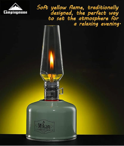 CAMPINGMOON Camping Gas Lantern with Aluminum Frame, Adjustable Light, Silver, Includes Wooden Case