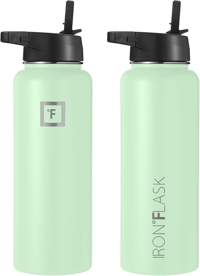 IRON °FLASK Camping & Hiking Hydration Flask, Wide Mouth, 3 Straw Lids, Stainless Steel Outdoor Water Bottle, Double Walled, Insulated Thermos, Metal Canteen - Mint, 40 Oz