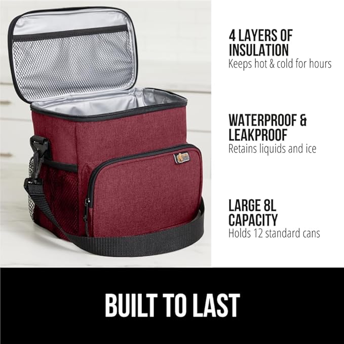 GORILLA GRIP Reusable Insulated Lunch Box Bag for Women Men, Large Leakproof Soft Cooler Bags, Multiple Compartments, Mesh Pockets, Adjustable Strap, Food Tote Keeps Drinks Cold, 8L, 10x9, Burgundy