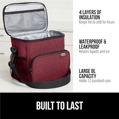 GORILLA GRIP Reusable Insulated Lunch Box Bag for Women Men, Large Leakproof Soft Cooler Bags, Multiple Compartments, Mesh Pockets, Adjustable Strap, Food Tote Keeps Drinks Cold, 8L, 10x9, Burgundy
