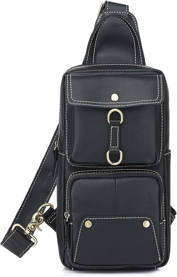 KPYWZER Sling Bag Men Women Genuine Leather Shoulder Backpack Satchel Chest Casual Daypack Crossbody Outdoor Day Pack Backpacks Black
