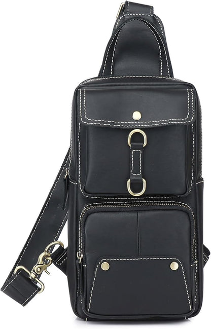 KPYWZER Sling Bag Men Women Genuine Leather Shoulder Backpack Satchel Chest Casual Daypack Crossbody Outdoor Day Pack Backpacks Black