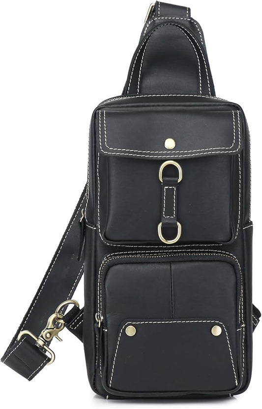 KPYWZER Sling Bag Men Women Genuine Leather Shoulder Backpack Satchel Chest Casual Daypack Crossbody Outdoor Day Pack Backpacks Black