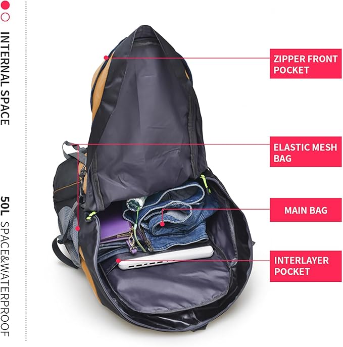Bseash 50L Hiking Backpack, Water Resistant Lightweight Outdoor Sport Daypack Travel Bag for Camping Climbing Touring (Gold - With Shoe Compartment)