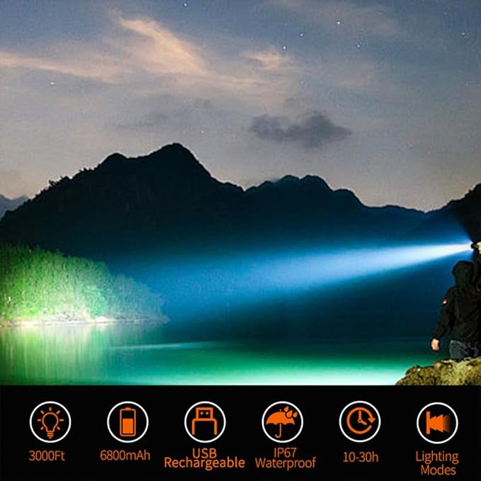Super Bright Flashlight 800,000LM 6800mAh Handheld Spotlight,50H Long Lasting Rechargeable Spotlight IP67 Waterproof Bright Flashlight Lightweight for Camping Hiking Boating(Aluminium head ring)