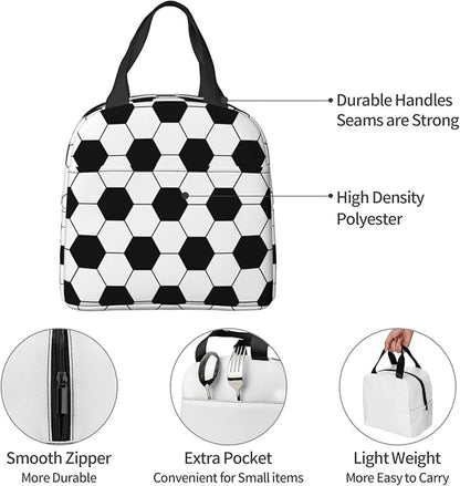 VOOHDDY Football Soccer Ball Black White Insulated Lunch Bag For Men Women Reusable Lunch Box Container Waterproof Portable Cooler Thermal Tote Bag For Work Office Picnic Beach Travel