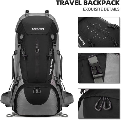 King'sGuard 70L Hiking Backpack Large Lightweight Waterproof Camping Backpack Travel Backpacking Backpack Daypack with Rain Cover -Frameless (Black)