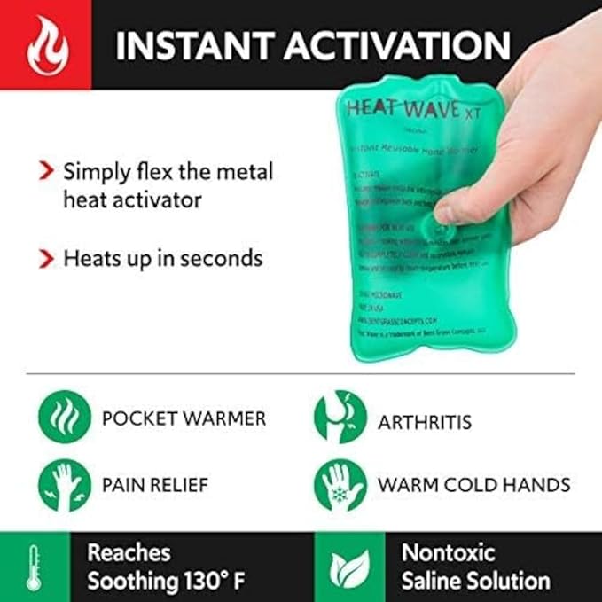 Made in USA: HEAT WAVE Instant Reusable Heat Pack, XT Large Instant Reusable Hand Warmers 4-Pack, for Camping, Hiking, Pain Relief (3x6), Click Heat