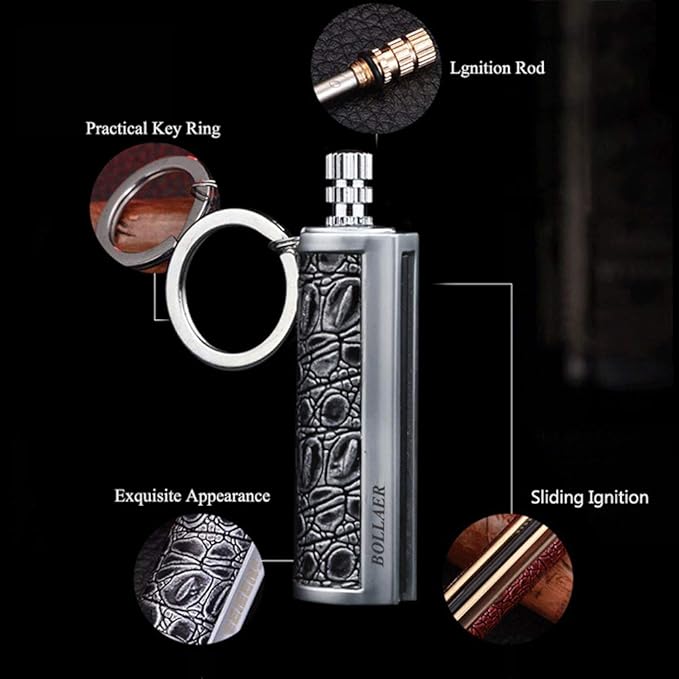 BOLLAER Keychain Flint Metal Matchstick Fire, Car Key Rings, Kerosene Refillable Lighter, EDC Best Gift Ideas and BBQ Camping Emergency Survival Gear for Men Women