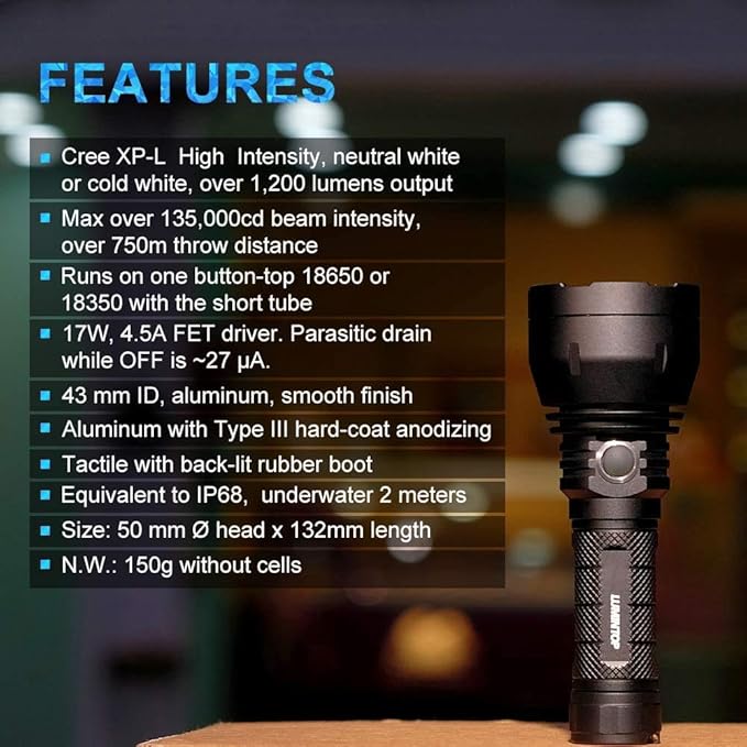 LUMINTOP GT Mini Long Rang Flashlight 17W 4.5A CREE XHL Max 1200 Lumen Beam Distance 750 Meter 135,000cd Outdoor Flashlight (Cold White)