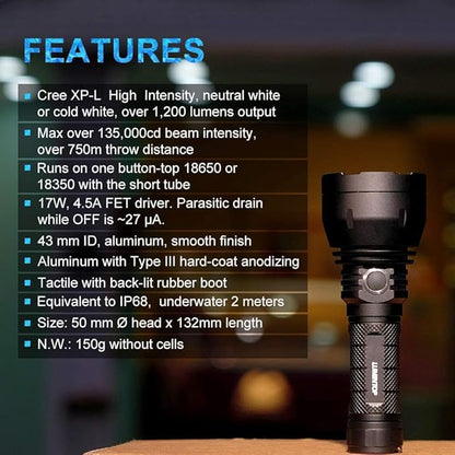LUMINTOP GT Mini Long Rang Flashlight 17W 4.5A CREE XHL Max 1200 Lumen Beam Distance 750 Meter 135,000cd Outdoor Flashlight (Cold White)