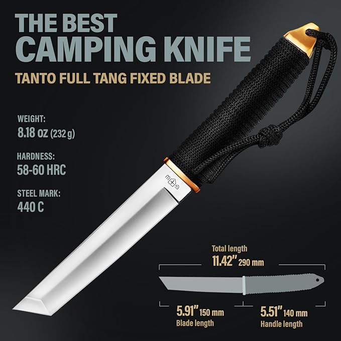 Tanto Camping Knife with Sheath - 3+ Colors - 5.9" Fixed Full Tang Mirror Polished Blade - Cool Survival Knives with Black Paracord Handle - Tactical Work Knives for Hunting Hiking EDC 2307 Silver