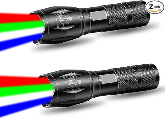 Red Flashlight Rechargeable 2 Pack, LED Green Light Flashlight, Blue Light Flashlights, 4 in 1 White Light, Red Light, Blue Lights and Green Lights, 4 Modes, Waterproof Zoomable Flash Light