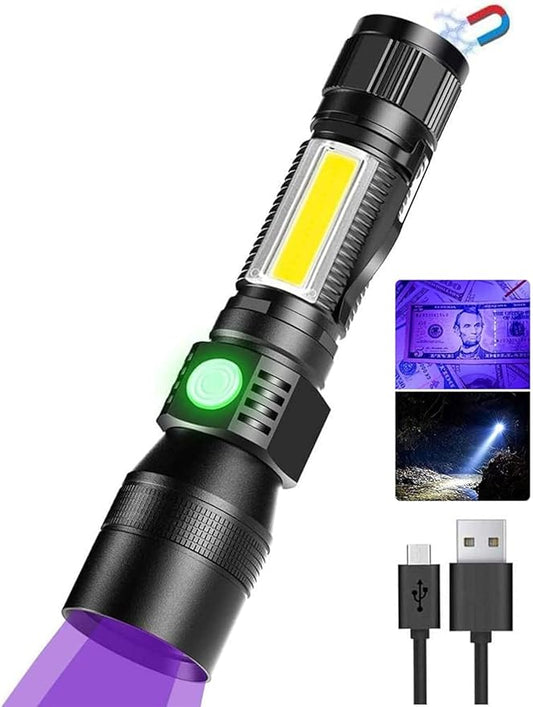 Karrong UV Flashlight Rechargeable, Black Light Flashlights, 2000lm Pocket-Sized LED Torch with Clip, Water Resistant, 7 Modes for Pet Clothing Detection/Emergency/Camping 2pack