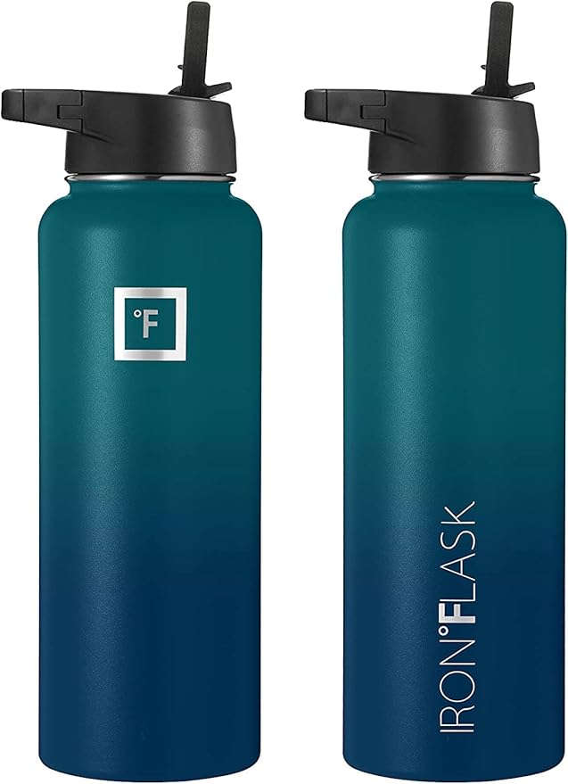 IRON °FLASK Camping & Hiking Hydration Flask, Wide Mouth, 3 Straw Lids, Stainless Steel Outdoor Water Bottle, Double Walled, Insulated Thermos, Metal Canteen - Dark Night, 18 Oz