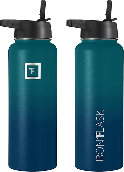 IRON °FLASK Camping & Hiking Hydration Flask, Wide Mouth, 3 Straw Lids, Stainless Steel Outdoor Water Bottle, Double Walled, Insulated Thermos, Metal Canteen - Dark Night, 18 Oz