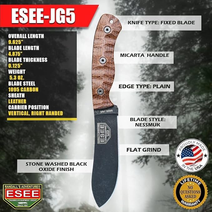 ESEE James Gibson Designed JG5 Nessmuk Fixed Blade Knife w/Sculpted Micarta Handles, Black Oxide Finish, and Brown Leather Pouch Sheath (Brown Sculpted Burlap Micarta)