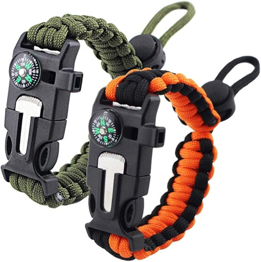 Survival Paracord Bracelet Flint Fire Starter Scraper Compass Wilderness Survival Whistle Adjustable Wristband 2Pack Black&Armygreen