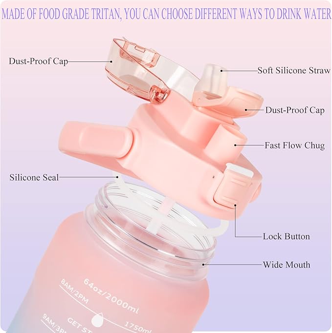 64oz Half Gallon Water Bottle With Sleeve, Water Bottles with Time Marker/Straw/Chug One Lids, Leakproof Tritan BPA Free Reusable Water Jug Easy Carry for Adult and Kids Gym Sports Outdoors